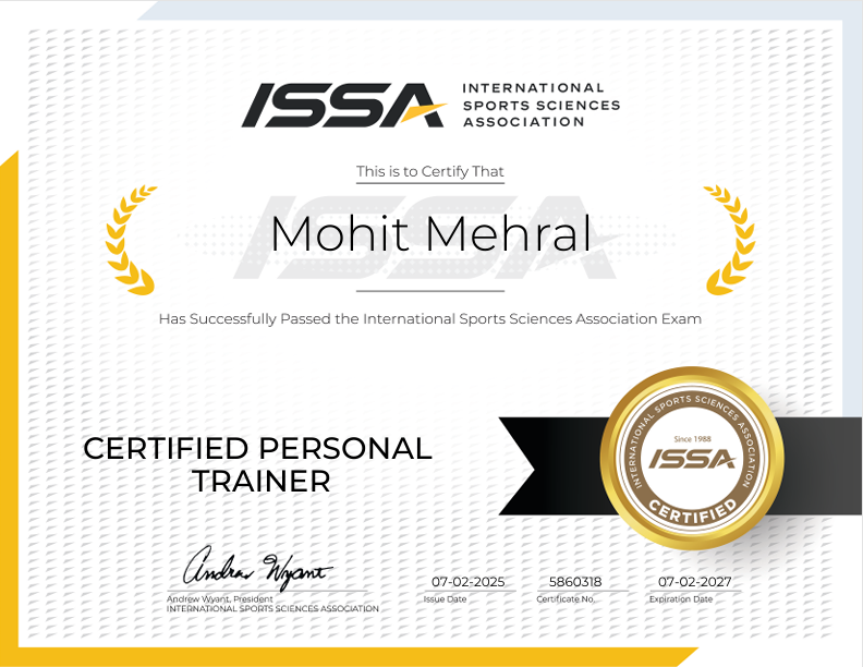ISSA Certified Personal Trainer certificate — Mohit Mehral