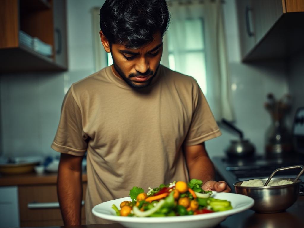 Man looking disappointed at a healthy vegetarian meal
