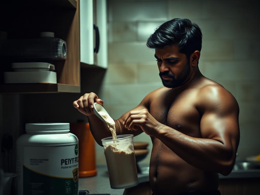 Man scooping protein powder into a shaker