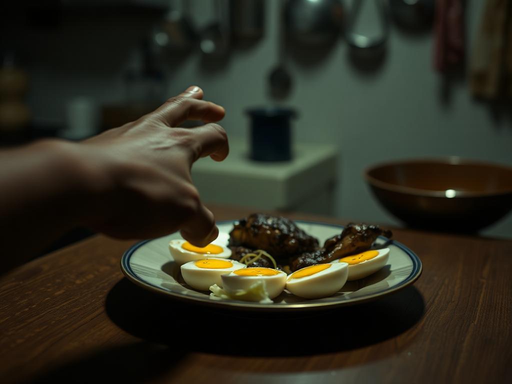 Hand pushing away a plate of eggs and chicken