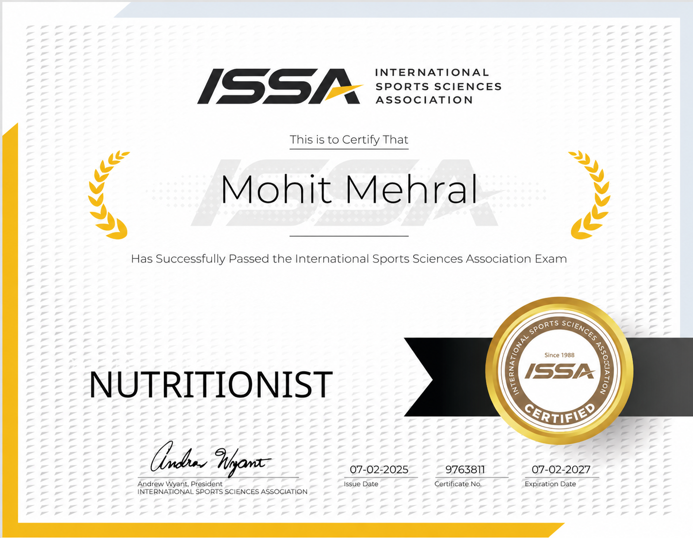 ISSA Nutritionist certificate — Mohit Mehral