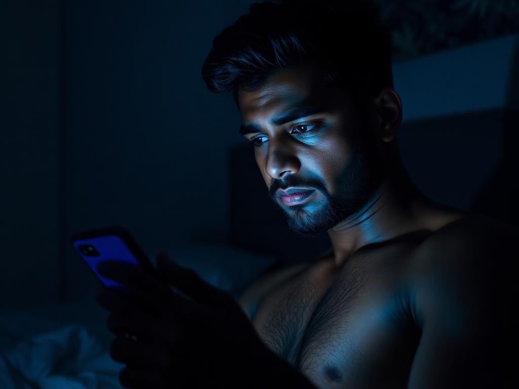 Man scrolling fitness content on his phone at night