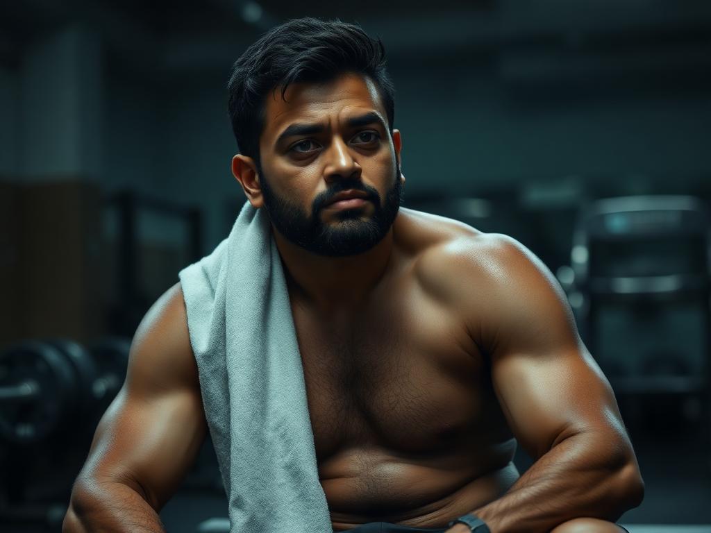 Man sitting exhausted on a gym bench after training