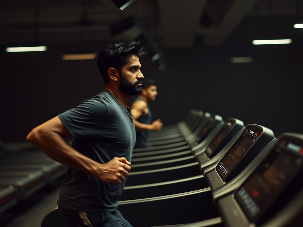 Man running on a treadmill in a dim gym